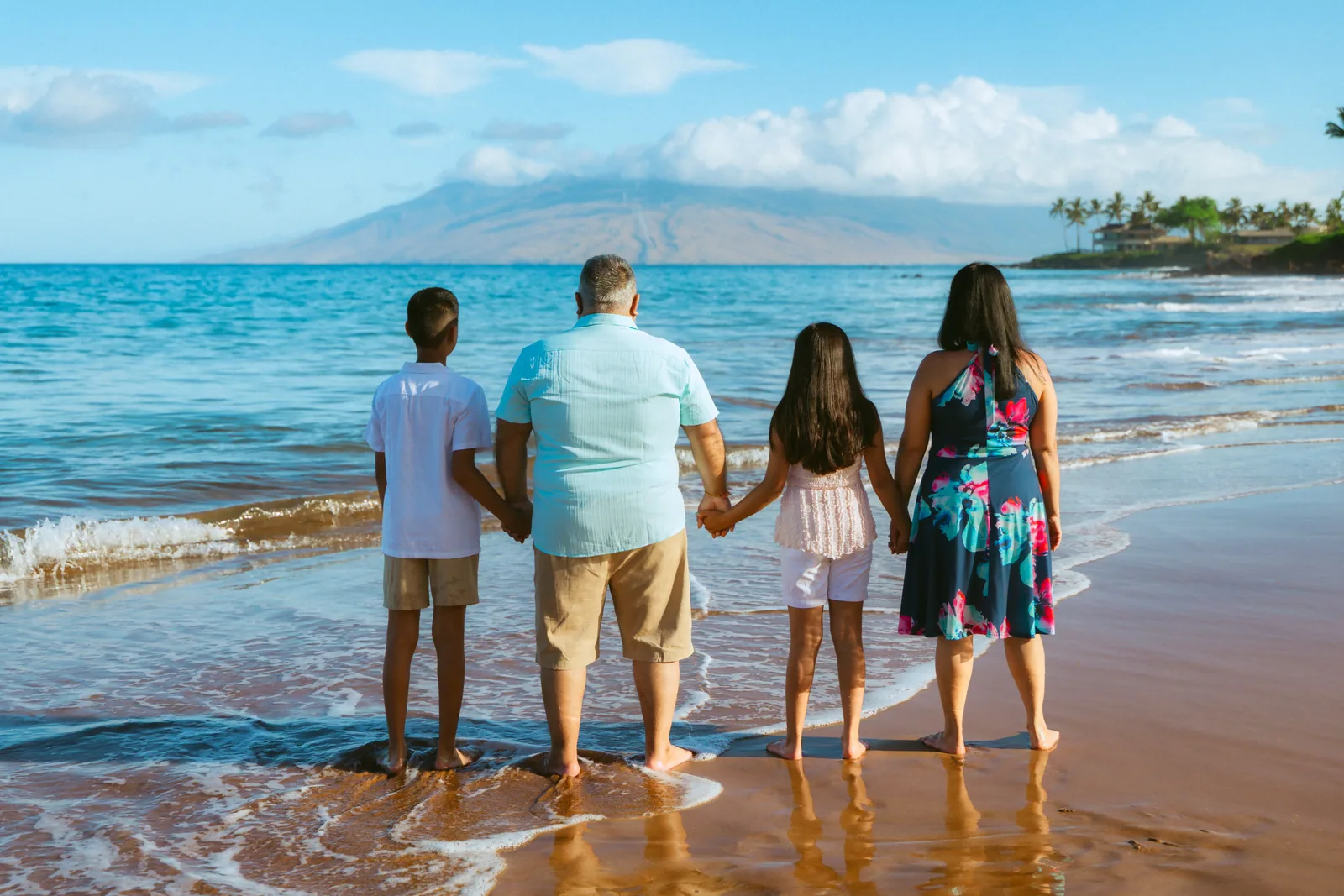 A family standing with their backs to the camera watching the surf
